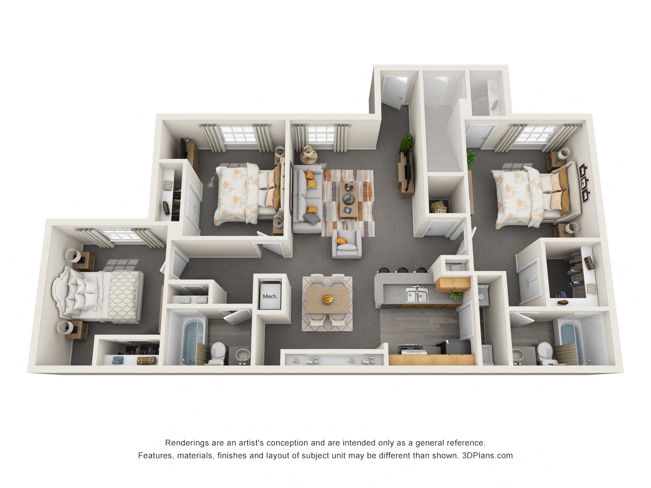 Floor plan for 3 beds, 2 baths, 1167 sqft